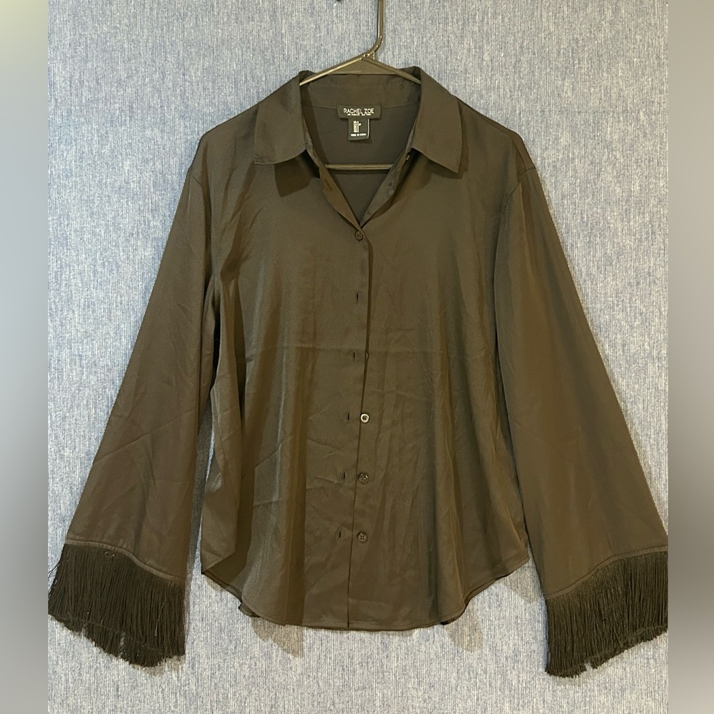 Rachel Zoe Black Sheer Button-Front Blouse with Fringe Cuffs